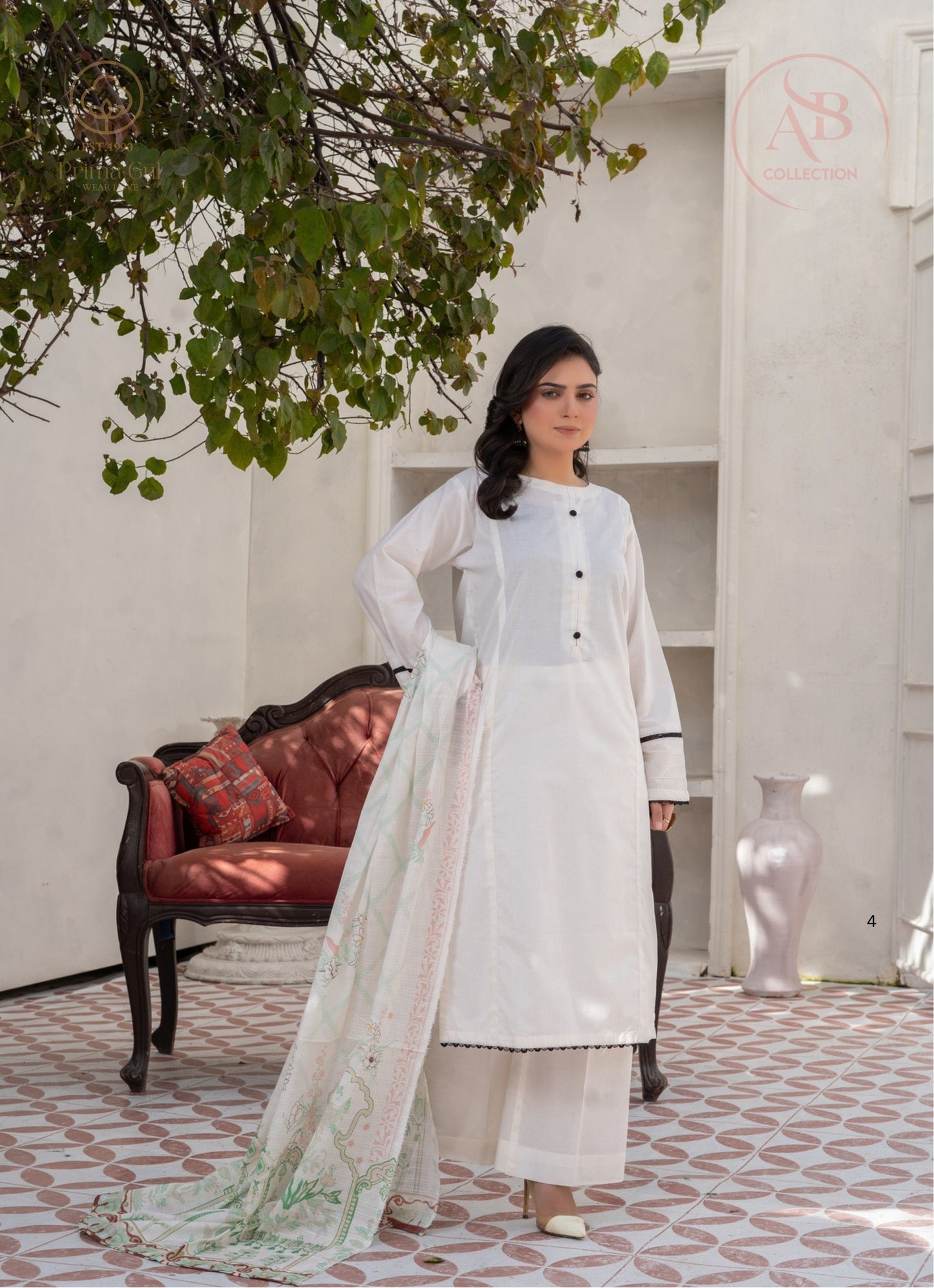 Prima Gul Graceful Ivory 3-Piece Cambric Suit with Contrast Button Detailing & Pastel Floral Dupatta
