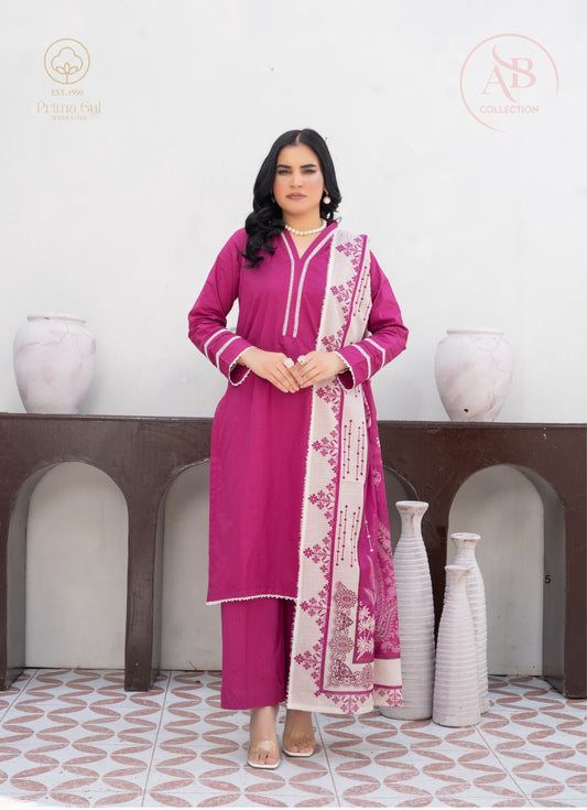 Prima Gul Vibrant Plum 3-Piece Cambric Suit with White Scalloped Lace & Botanical Print Dupatta