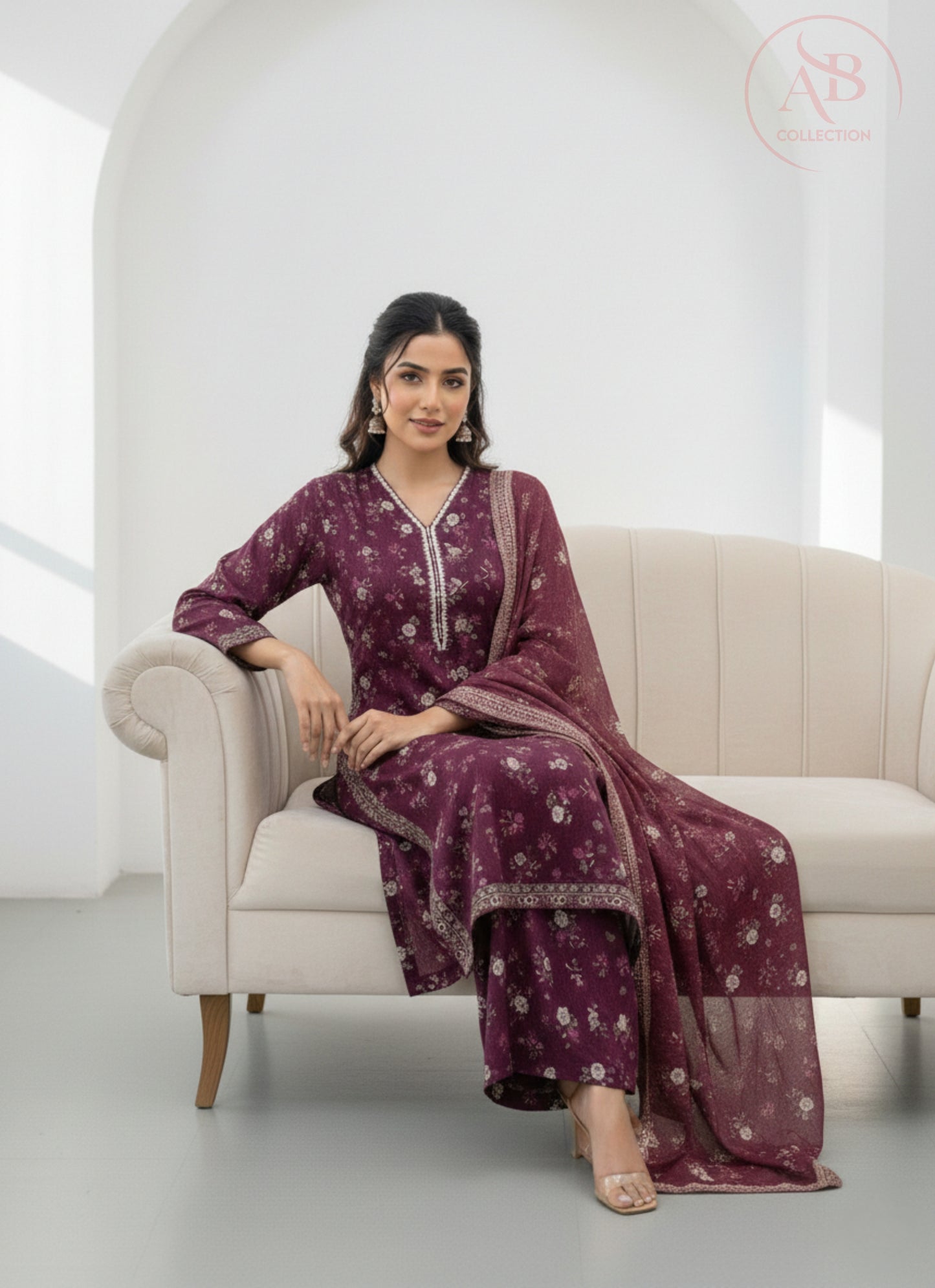 3 Piece Printed Lawn Suit Plum Floral with Flapper Trouser