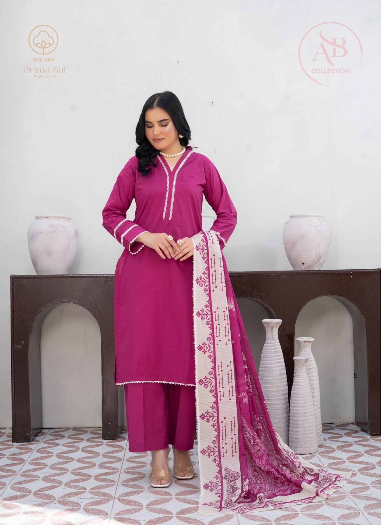 Prima Gul Vibrant Plum 3-Piece Cambric Suit with White Scalloped Lace & Botanical Print Dupatta