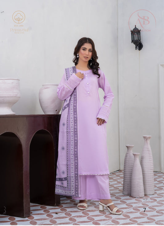 Lavender Mist 3-Piece Cambric Suit with Pleated Sleeve Details & Moroccan Border Dupatta