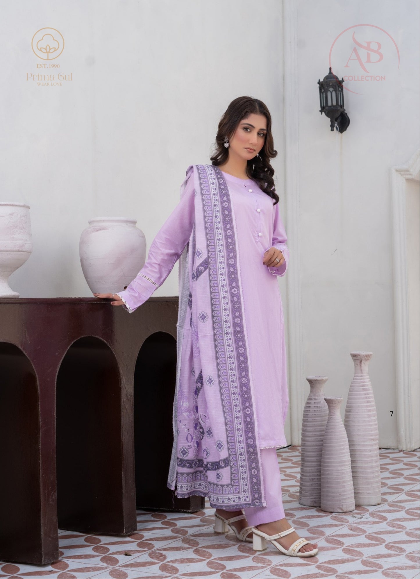 Lavender Mist 3-Piece Cambric Suit with Pleated Sleeve Details & Moroccan Border Dupatta