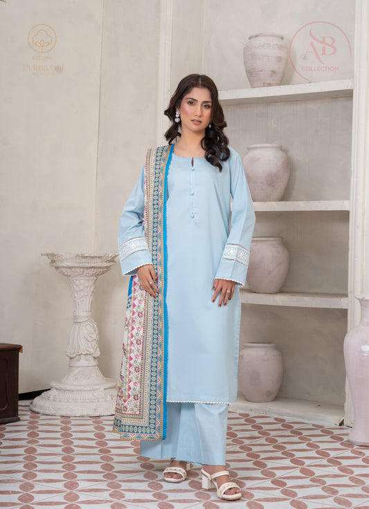 Prima Gul Sky Blue 3-Piece Cambric Suit with Floral Lace Appliqué & Multi-Color Border Dupatta