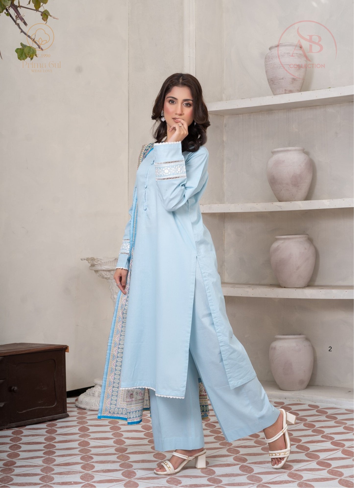 Prima Gul Sky Blue 3-Piece Cambric Suit with Floral Lace Appliqué & Multi-Color Border Dupatta