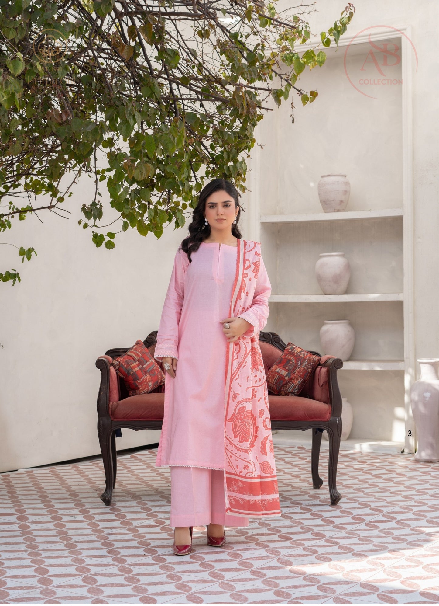 Prima Gul Blush Peach 3-Piece Cambric Suit with White Lace Accents & Classic Tonal Dupatta