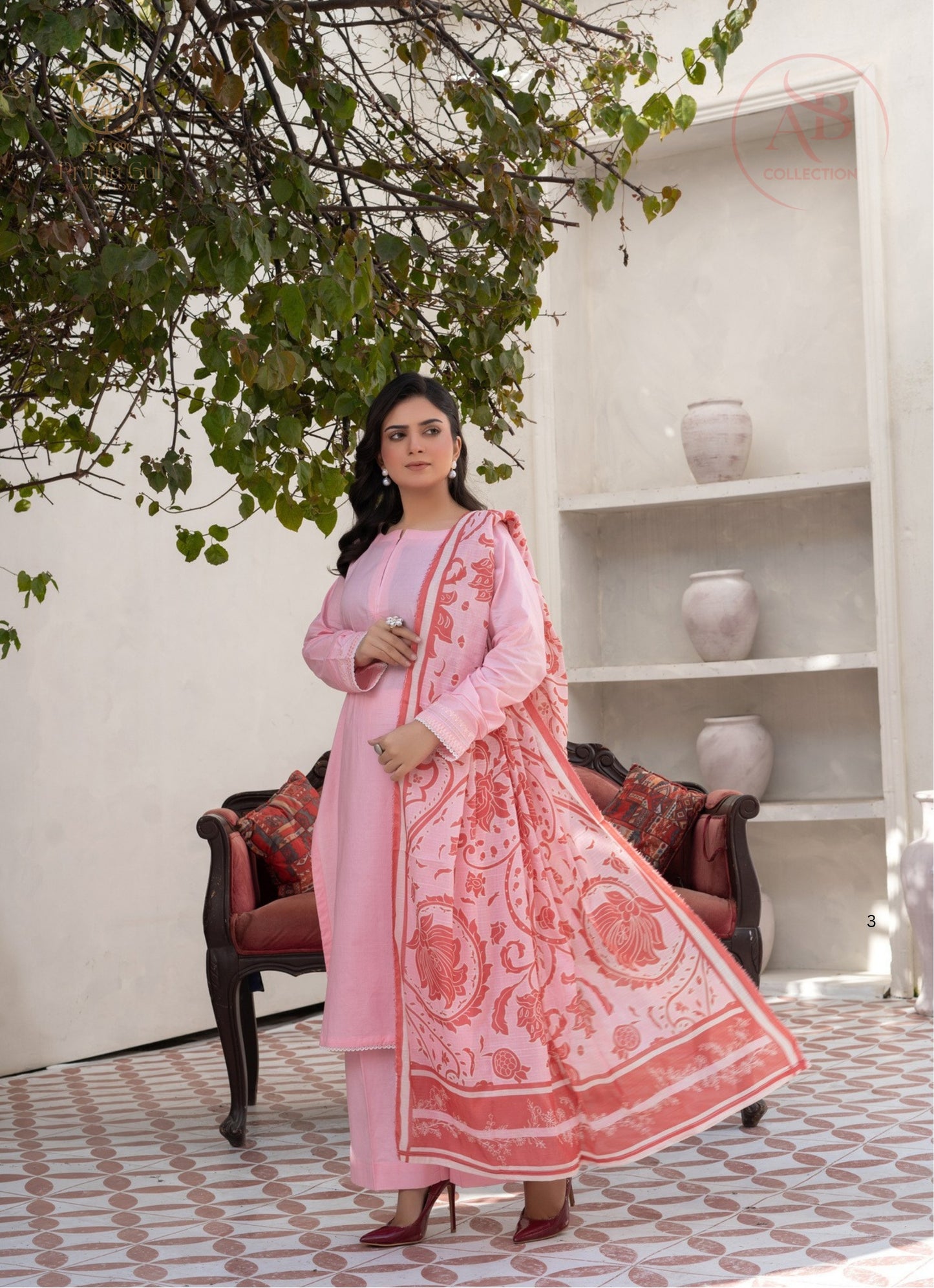 Prima Gul Blush Peach 3-Piece Cambric Suit with White Lace Accents & Classic Tonal Dupatta
