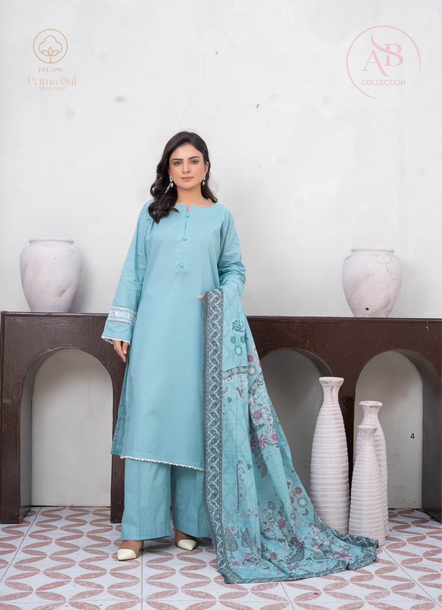 Prima Gul Ice Blue Embroidered Cambric Suit with Digital Printed Dupatta