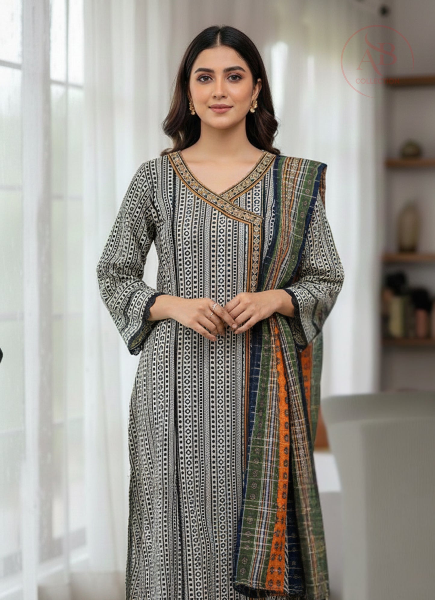 Bin Saeed Designer Angrakha Lawn Frock Black and white pattern design