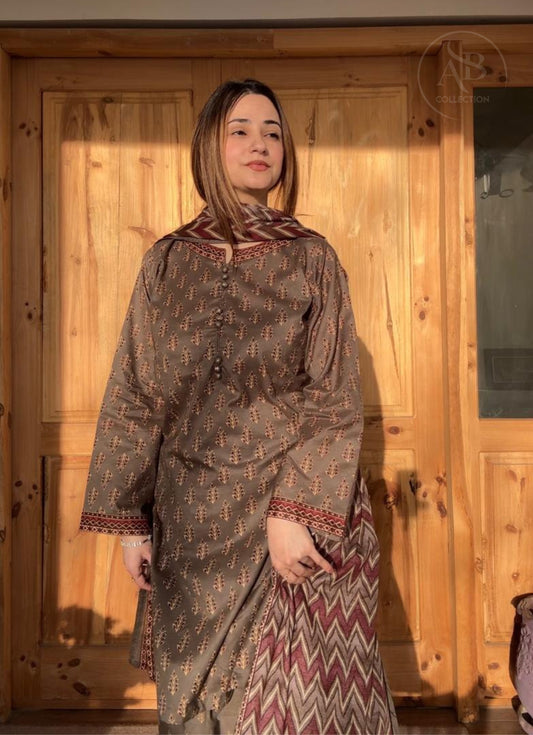 Earthy Mocha Block-Print 3-Piece Stitched Lawn with Fershi Shalwar