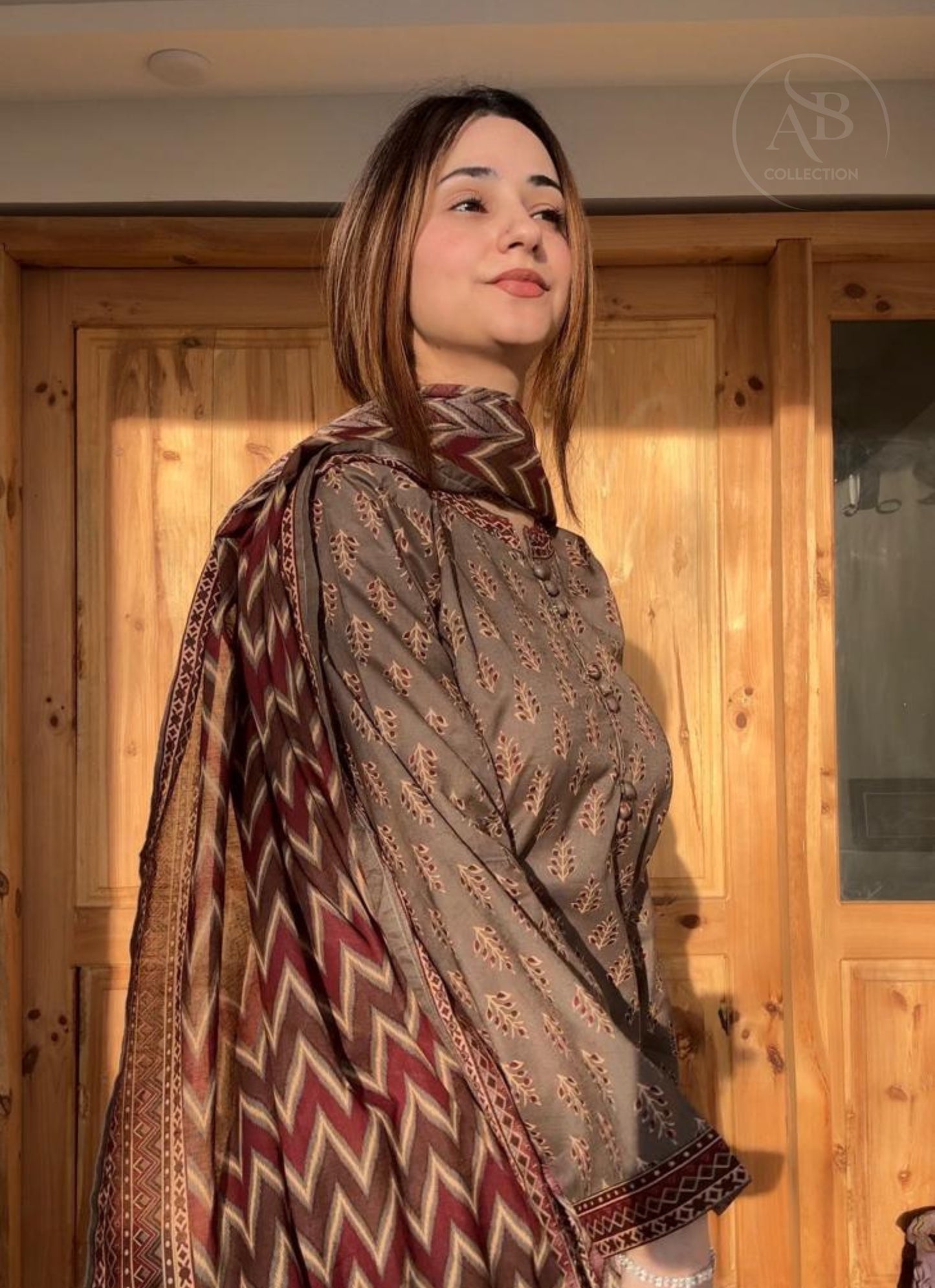 Earthy Mocha Block-Print 3-Piece Stitched Lawn with Fershi Shalwar
