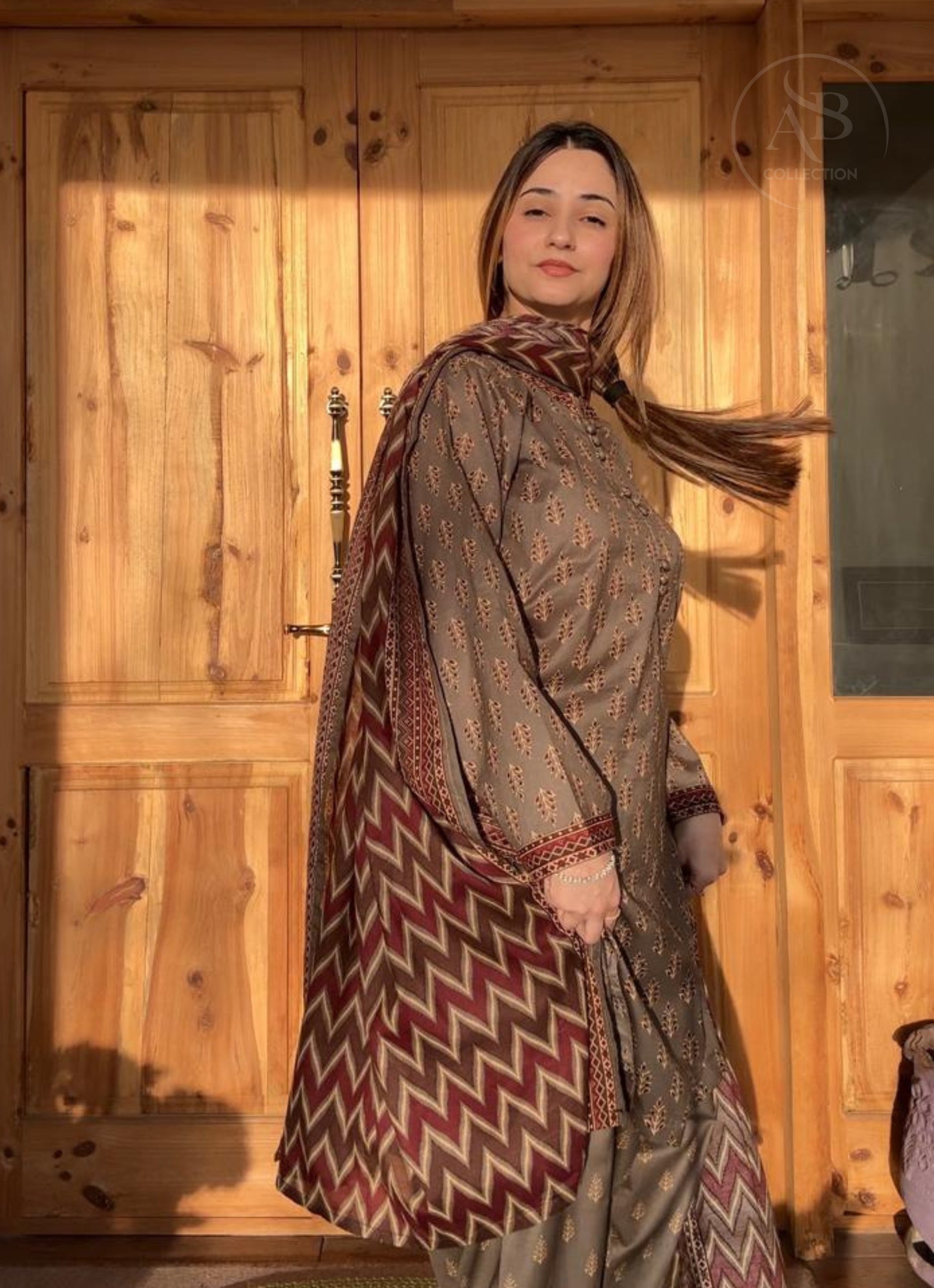 Earthy Mocha Block-Print 3-Piece Stitched Lawn with Fershi Shalwar