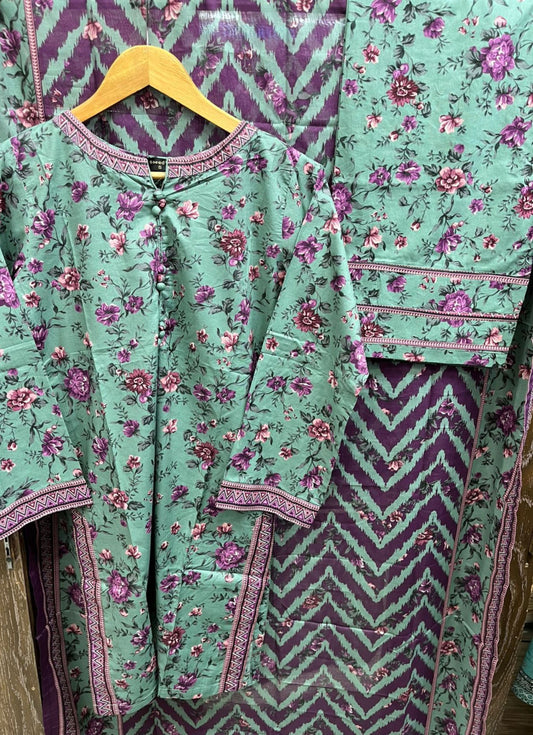 Bin Saeed Teal Blossom 3-Piece Stitched Lawn with Ikat-Style Dupatta