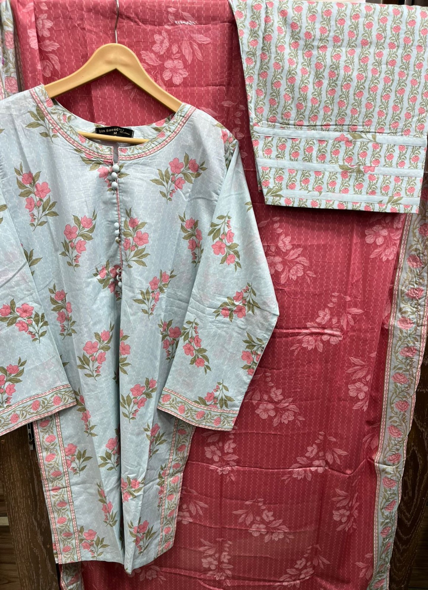 Bin Saeed Powder Blue Rose 3-Piece Stitched Lawn with Coral Dupatta and Fershi Shalwar