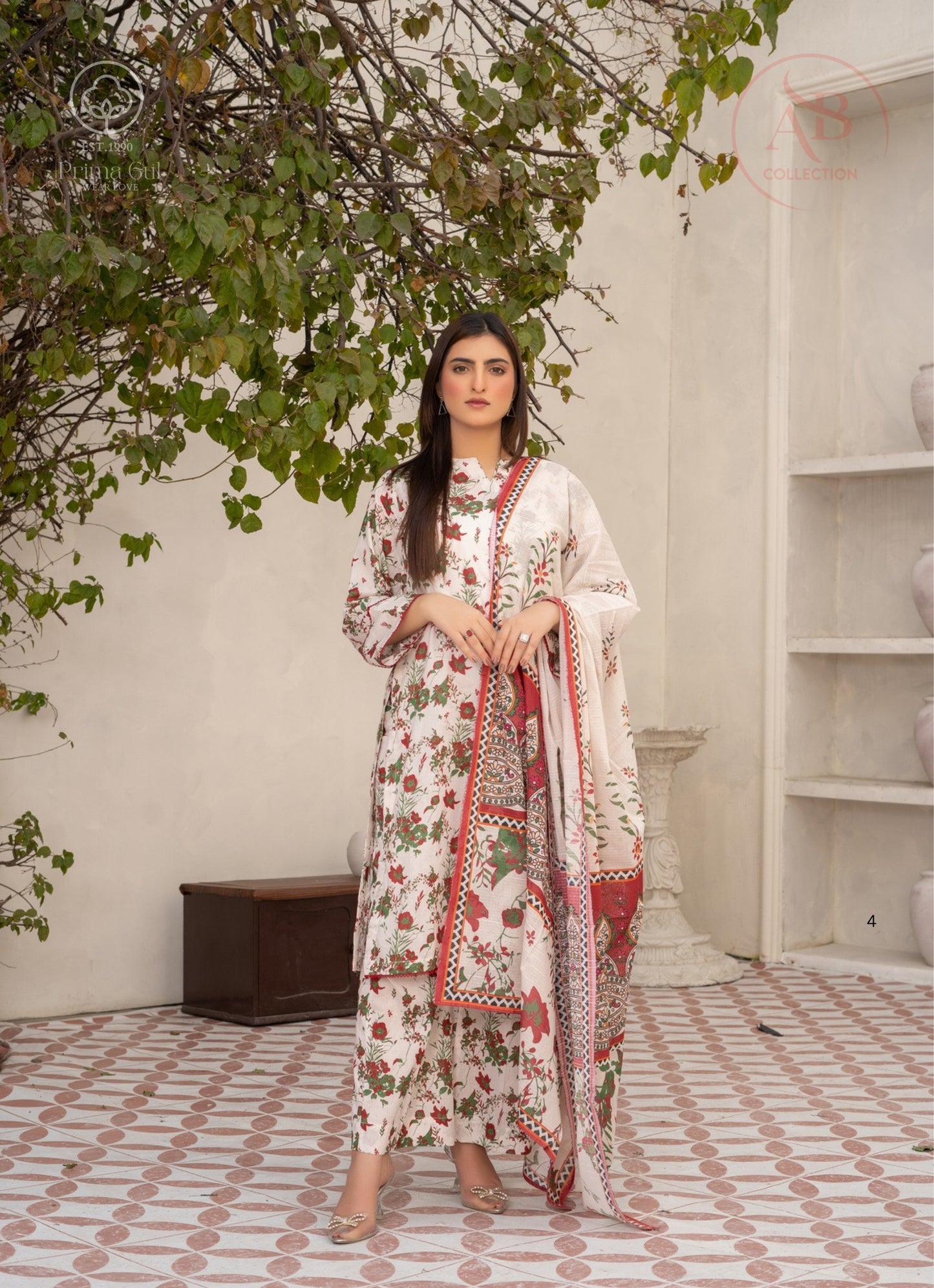 Prima Gul Ivory & Red Botanical 3-Piece Printed Lawn Suit