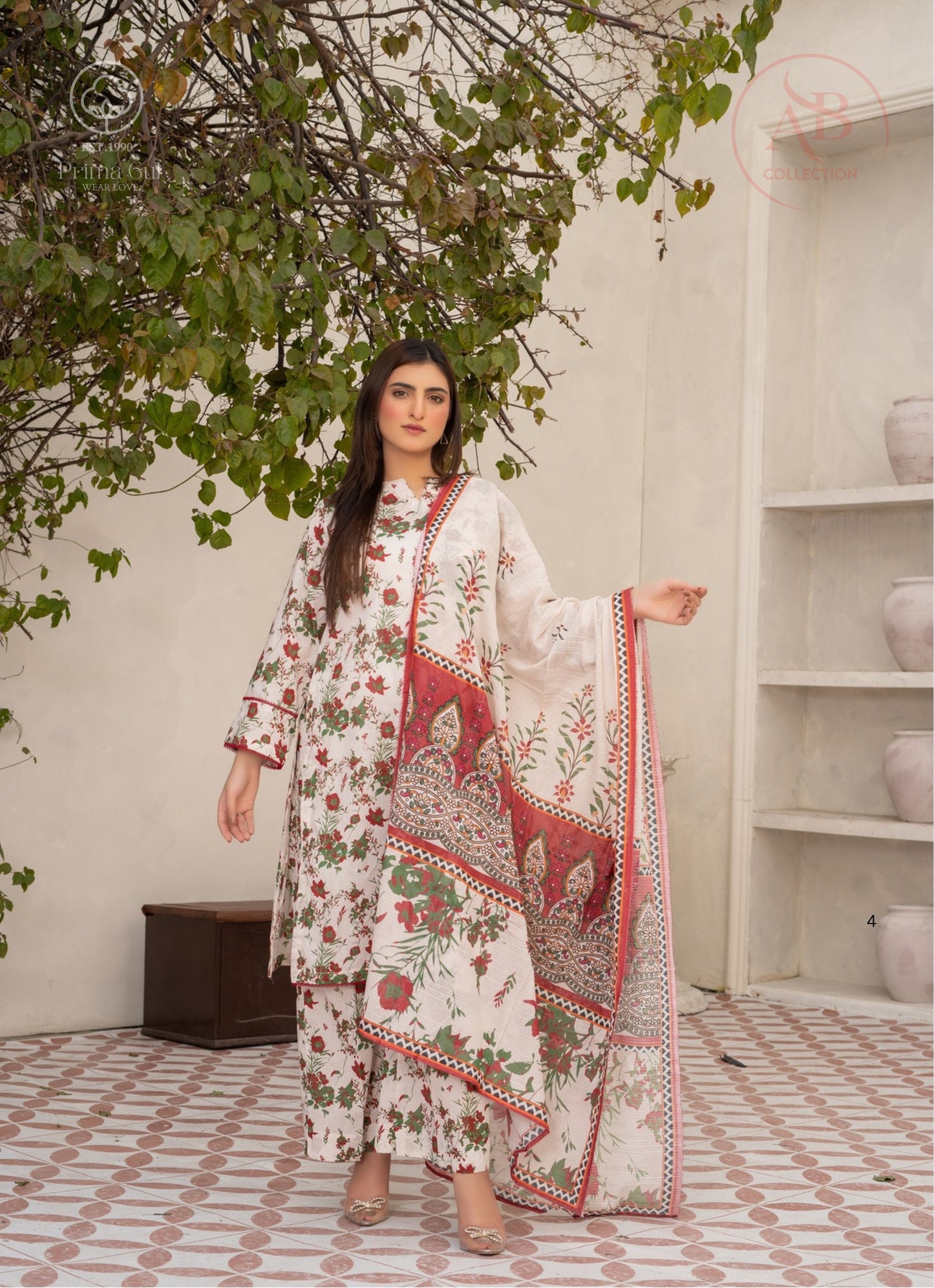 Prima Gul Ivory & Red Botanical 3-Piece Printed Lawn Suit