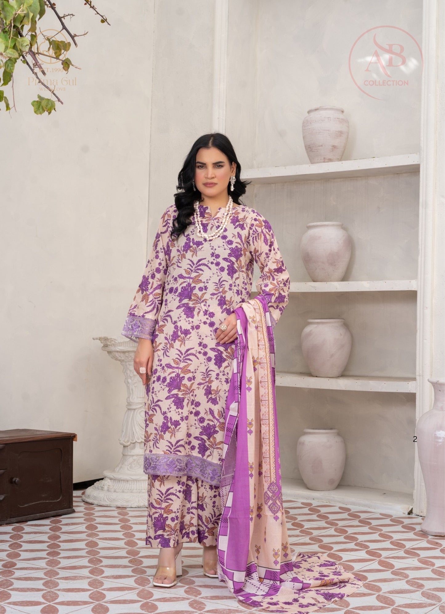 Prima Gul Collection Cream & Lavender Floral 3-Piece Printed Lawn Suit