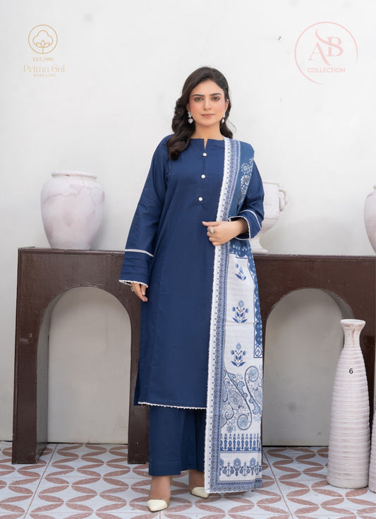 Classic Navy Blue 3-Piece Cambric Suit with Pearl Button Accents & Floral Arabesque Dupatta