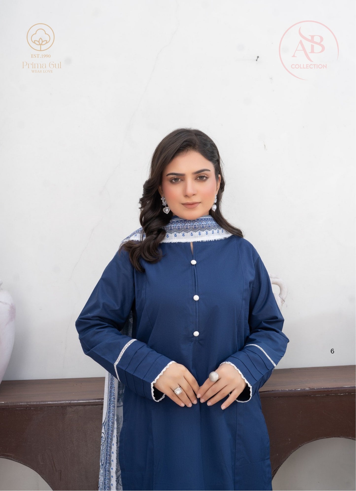 Classic Navy Blue 3-Piece Cambric Suit with Pearl Button Accents & Floral Arabesque Dupatta