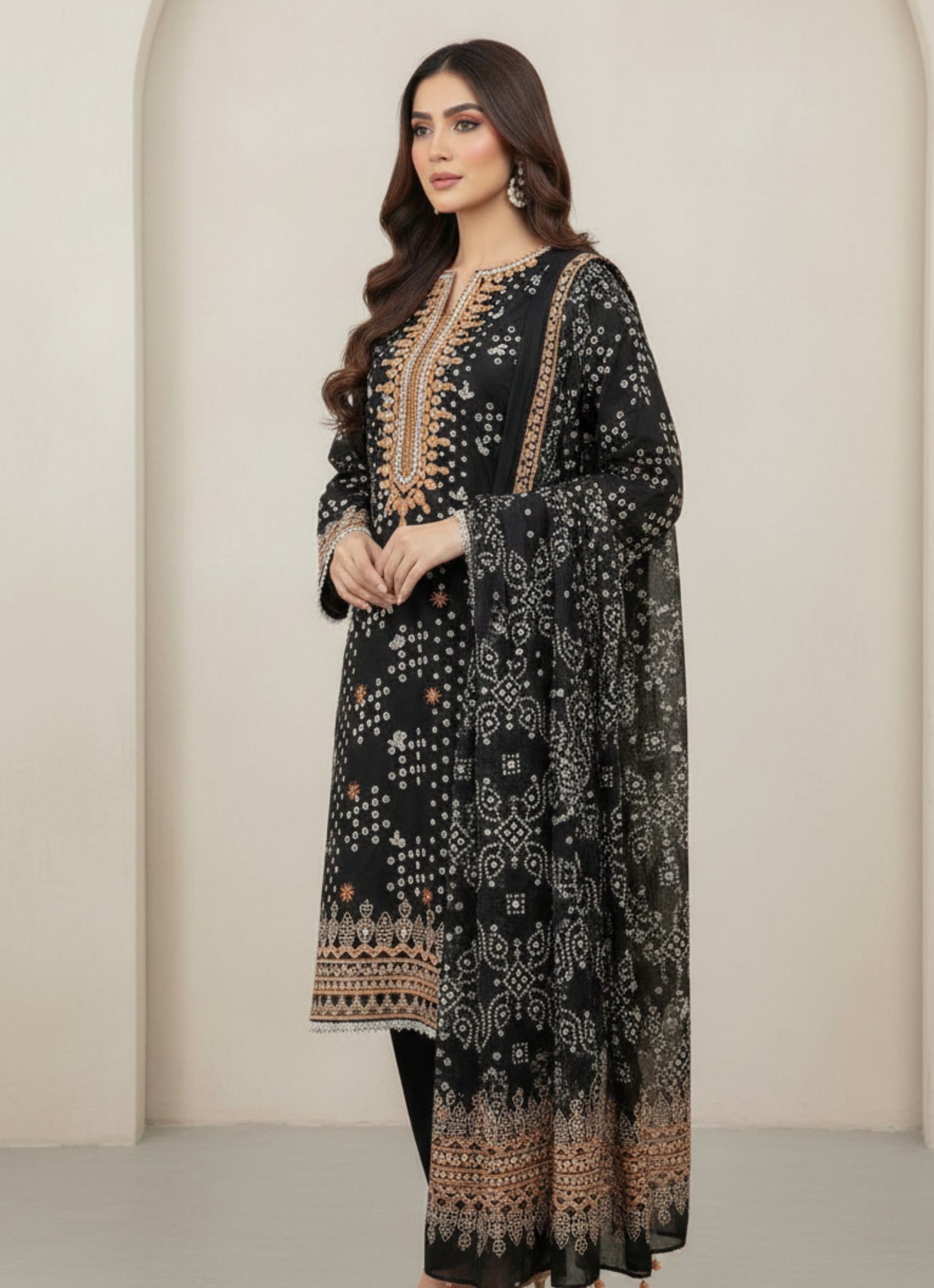 Midnight Noir 3-Piece Chunri Print Khaddar Kurta Set with Embroidered Neckline
