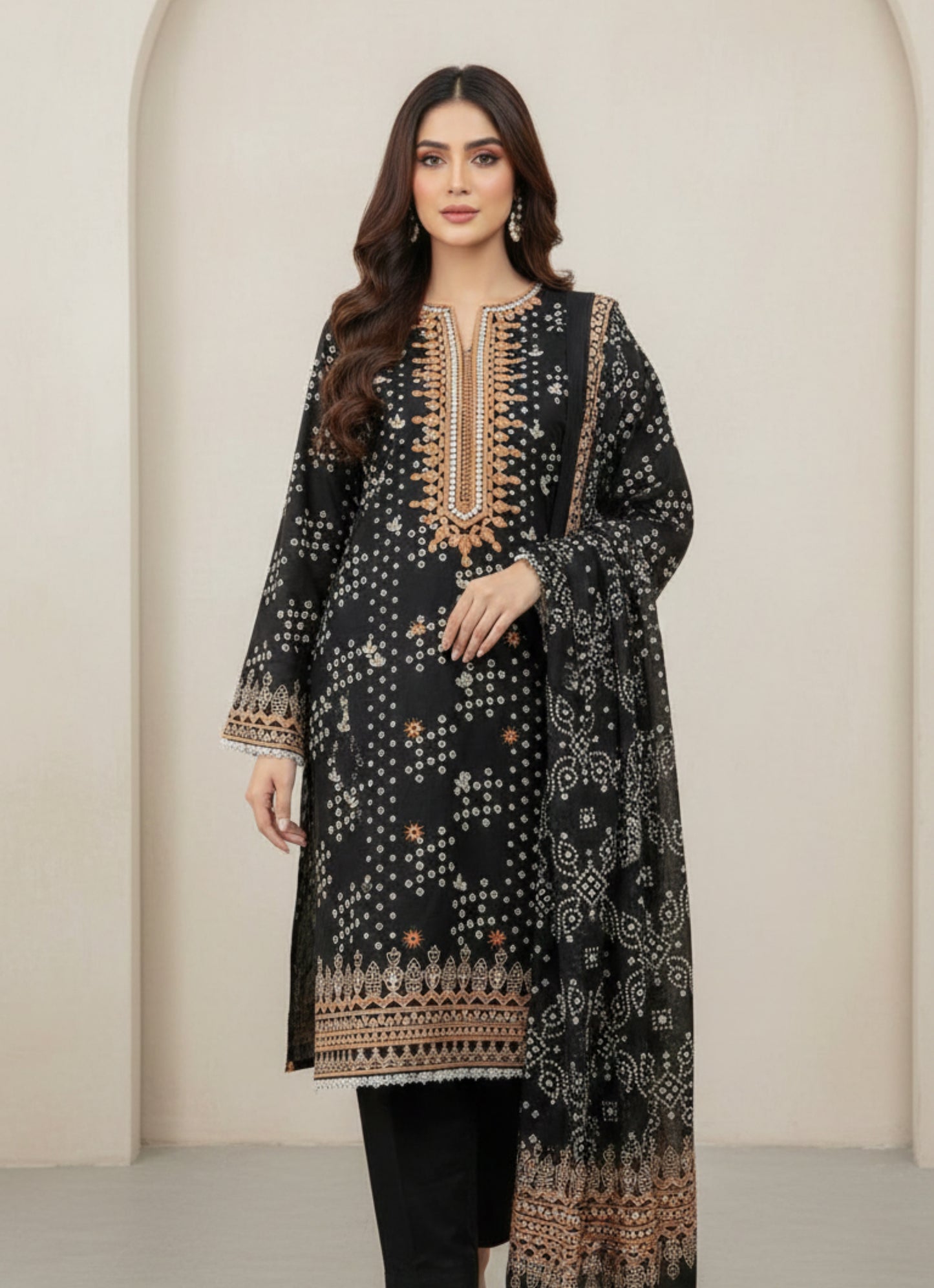 Midnight Noir 3-Piece Chunri Print Khaddar Kurta Set with Embroidered Neckline