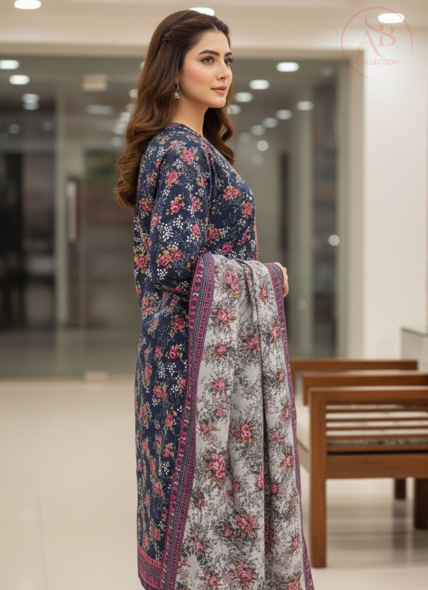 Charcoal Grey Rose Bouquet 3-Piece Printed Khaddar Suit