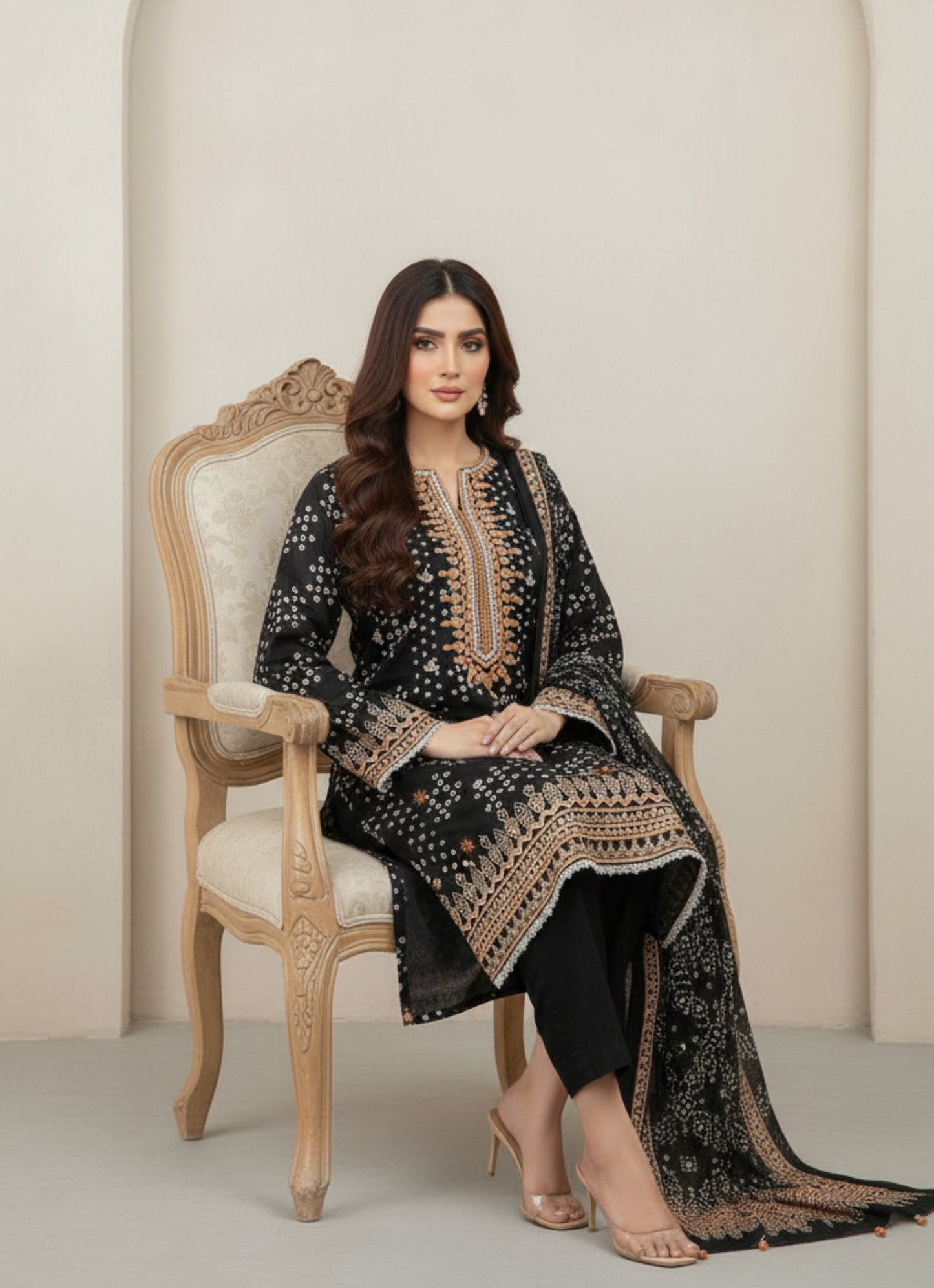 Midnight Noir 3-Piece Chunri Print Khaddar Kurta Set with Embroidered Neckline