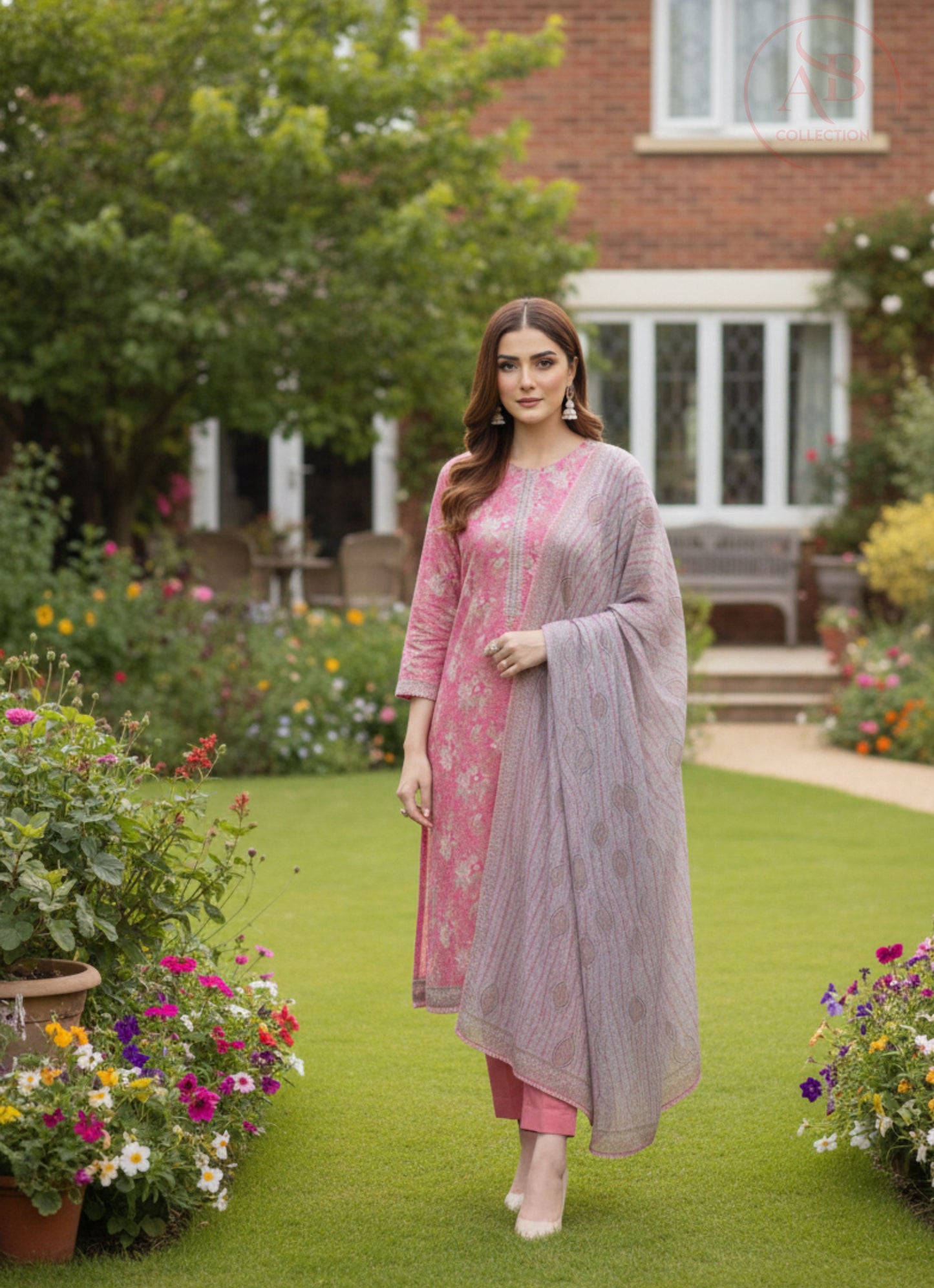 Rose Blossom Khaddar – 3-Piece Hand-Loomed Suit with Floral Print & Contrast Dupatta