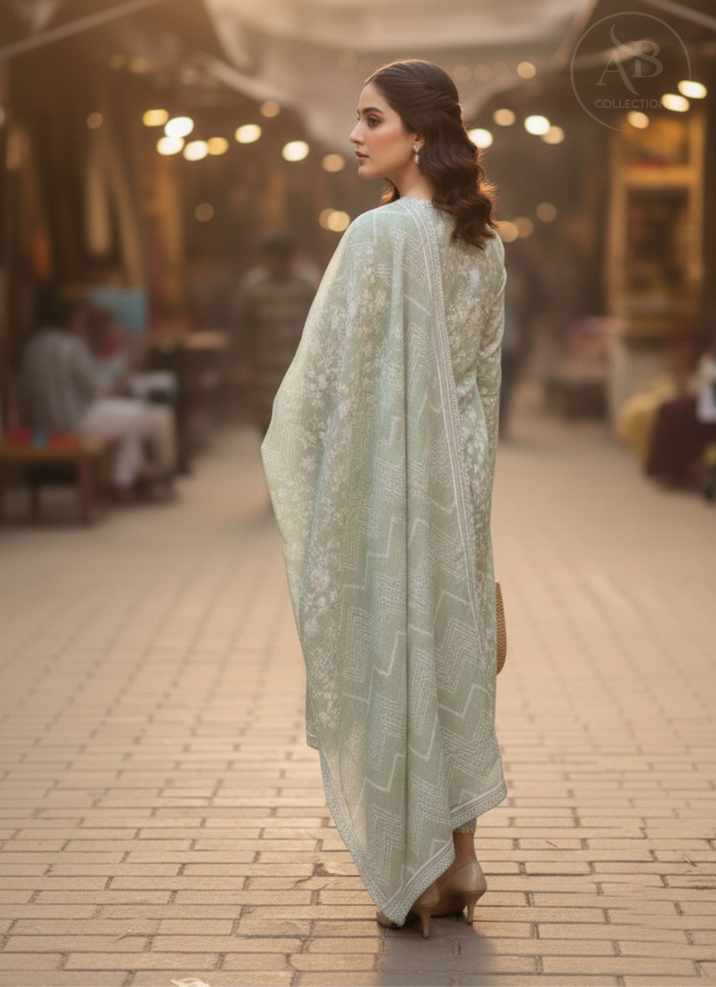 Sage Green Floral Whisper 3-Piece Khaddar Suit