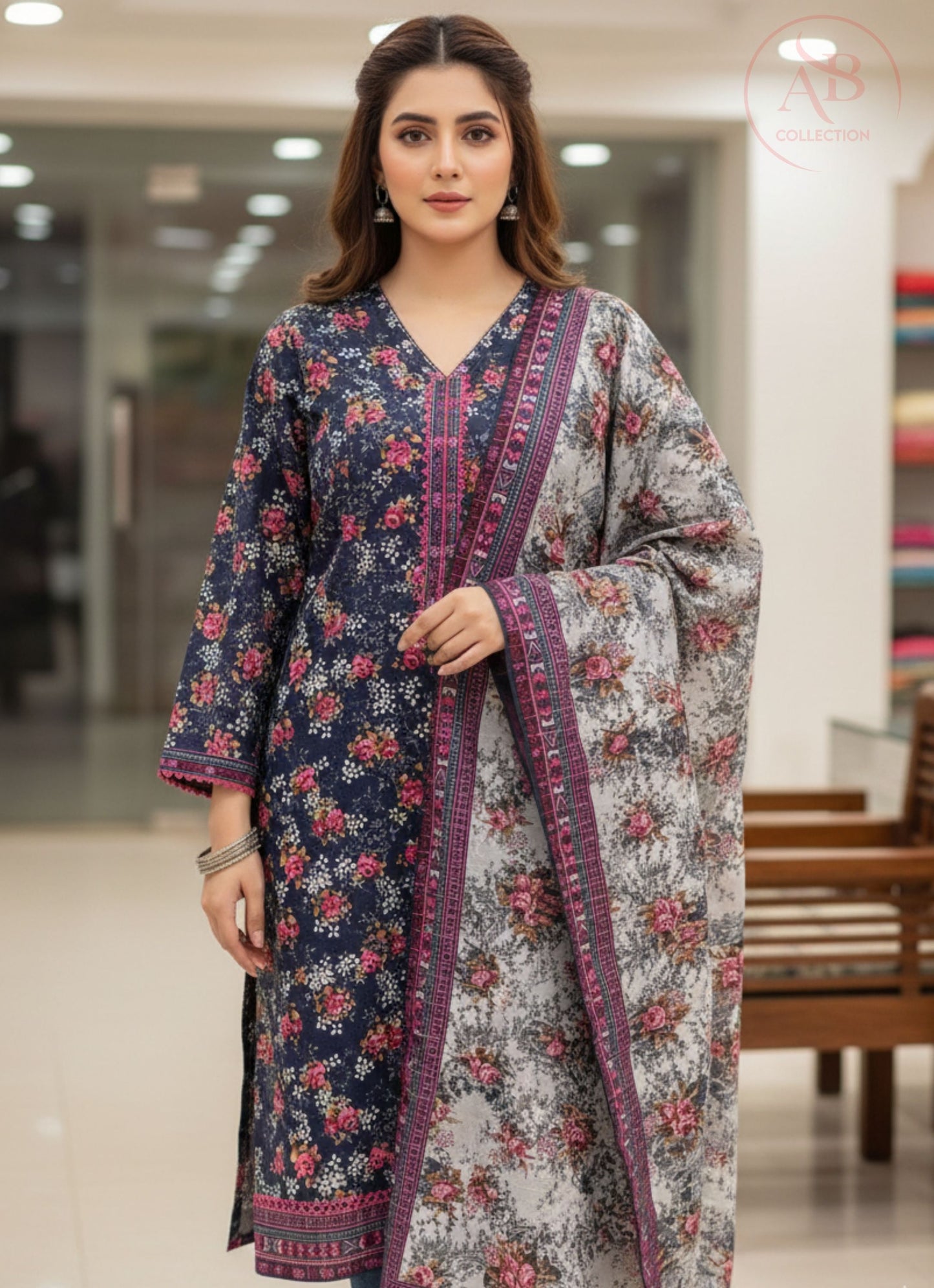 Charcoal Grey Rose Bouquet 3-Piece Printed Khaddar Suit
