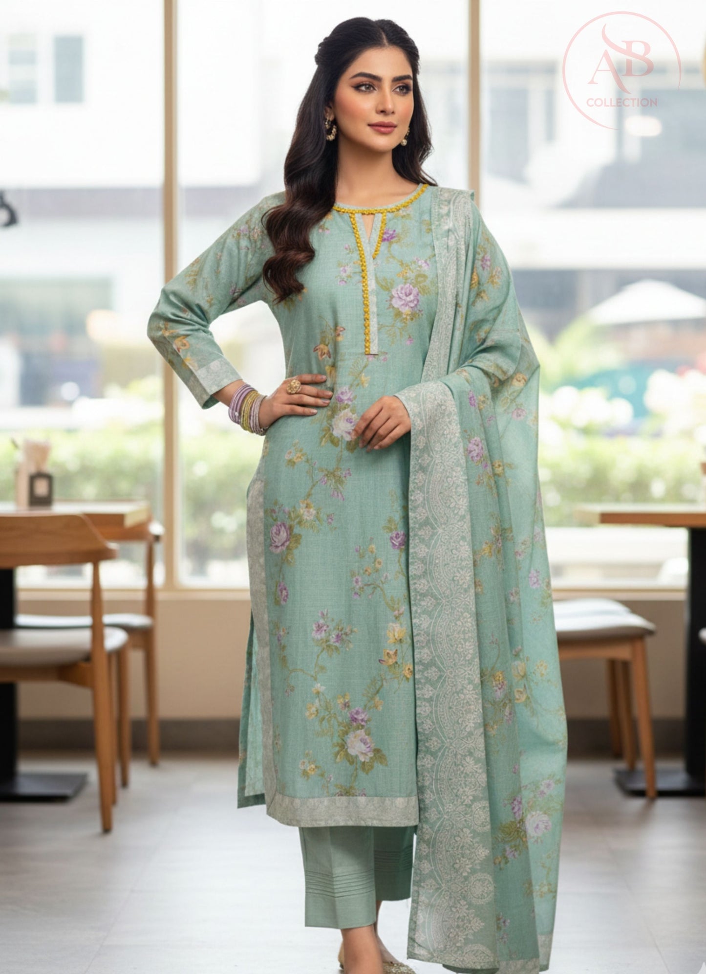 Seafoam Mint Floral 3-Piece Embroidered Khaddar Suit