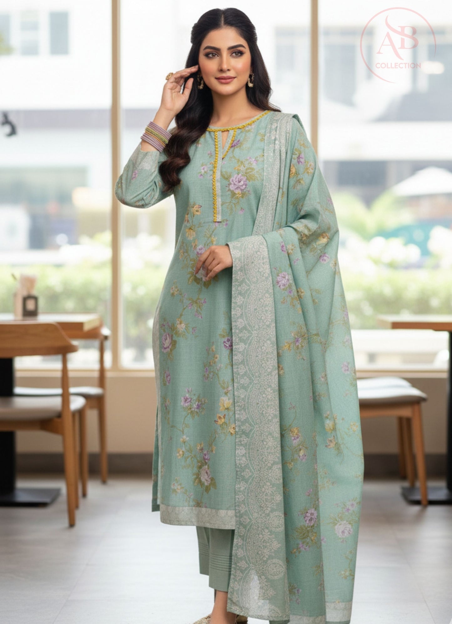 Seafoam Mint Floral 3-Piece Embroidered Khaddar Suit