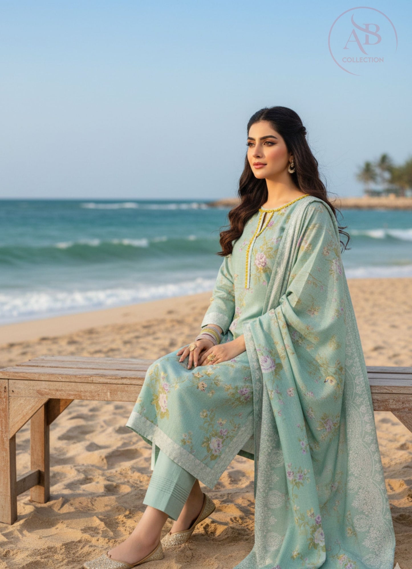 Seafoam Mint Floral 3-Piece Embroidered Khaddar Suit
