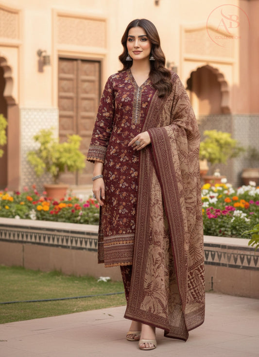 Deep Maroon Floral Khaddar 3-Piece Suit