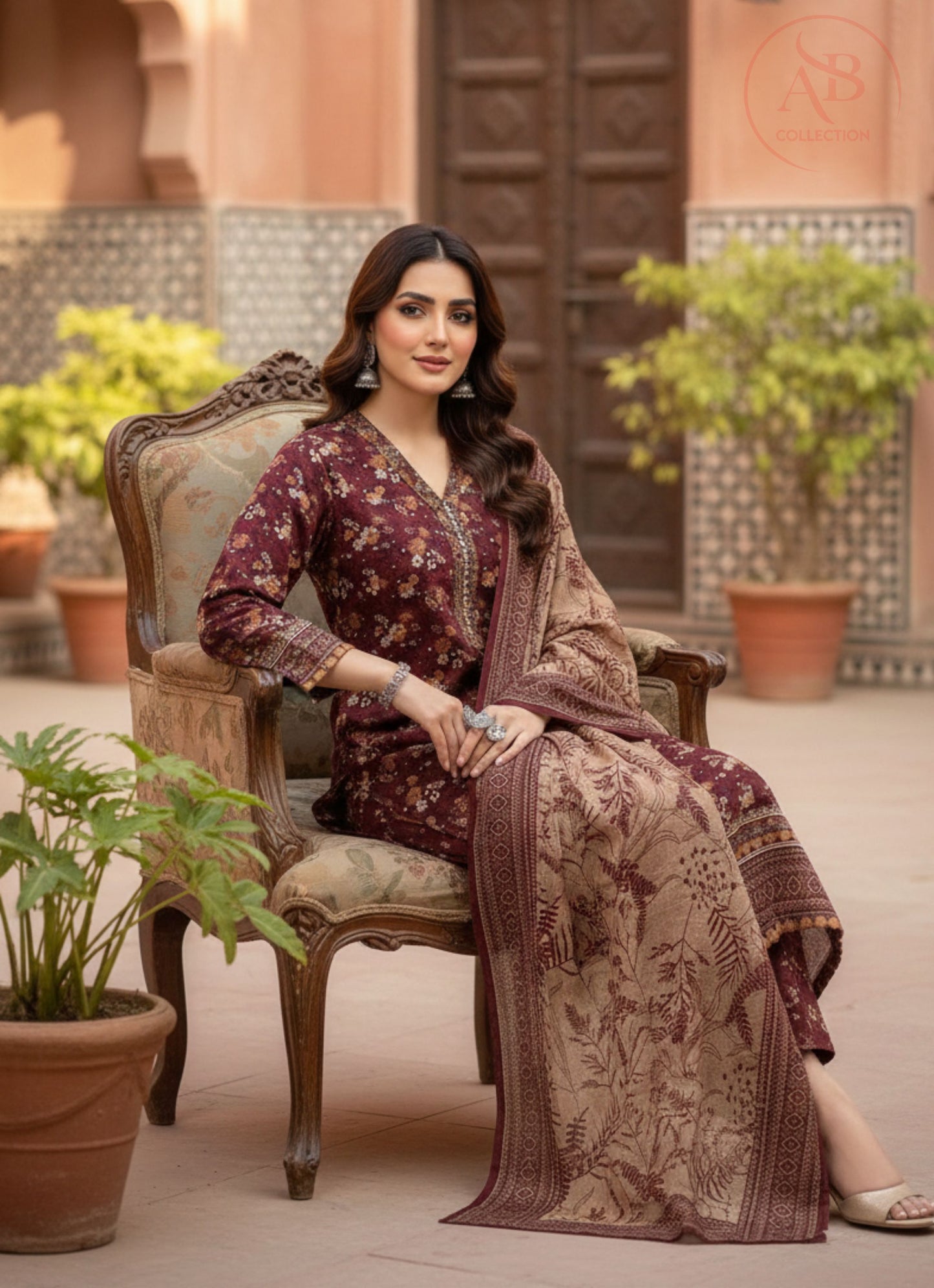Deep Maroon Floral Khaddar 3-Piece Suit