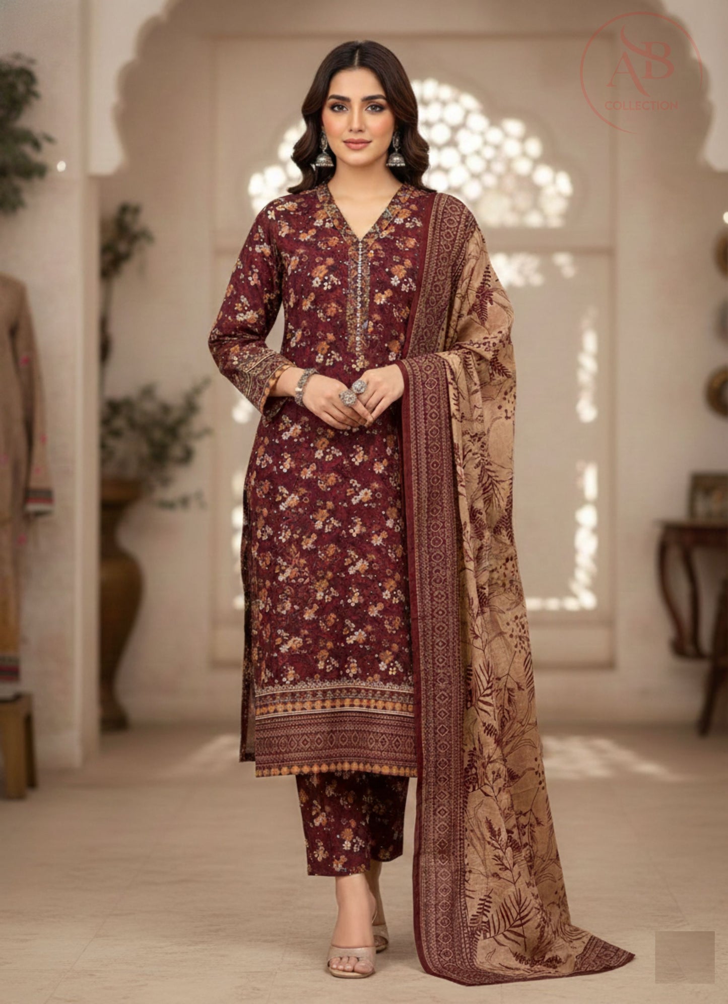 Deep Maroon Floral Khaddar 3-Piece Suit