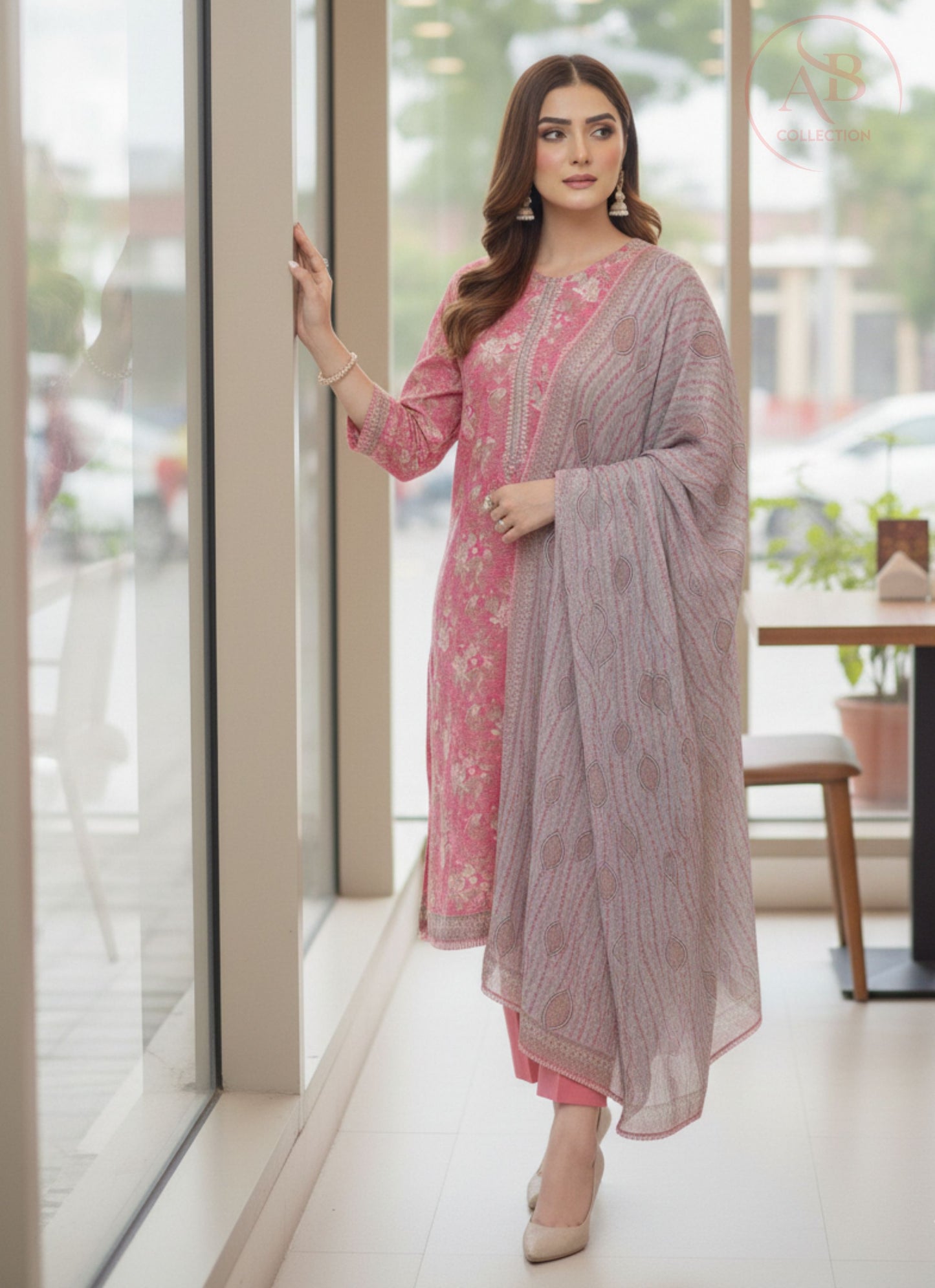 Rose Blossom Khaddar – 3-Piece Hand-Loomed Suit with Floral Print & Contrast Dupatta