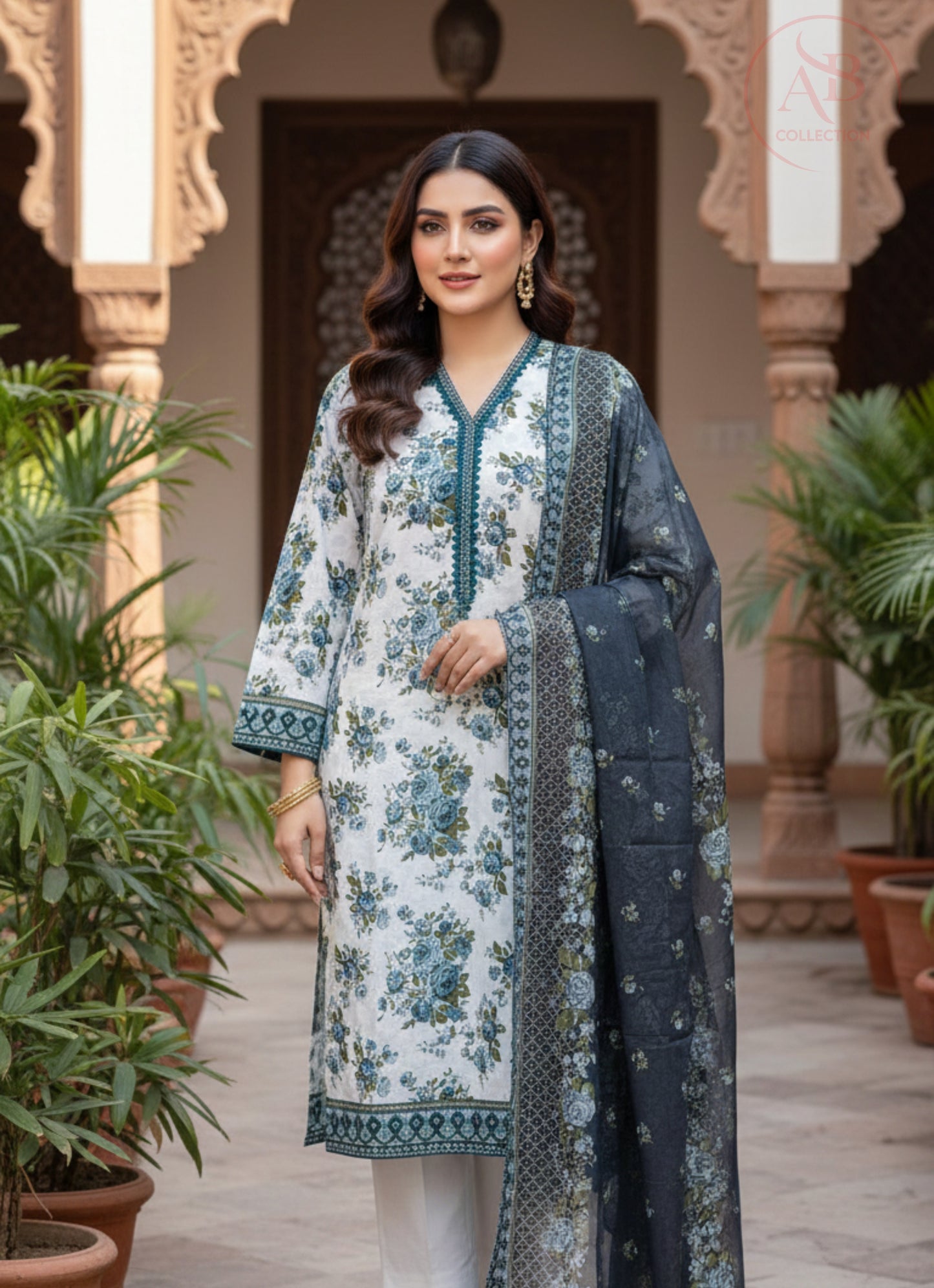 Elegant 3-Piece Printed Lawn Suit with Floral Design & Chiffon Dupatta