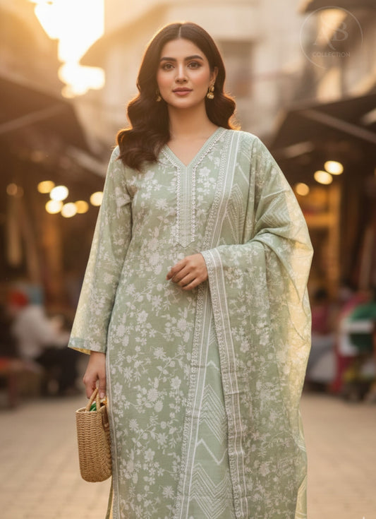 Sage Green Floral Whisper 3-Piece Khaddar Suit