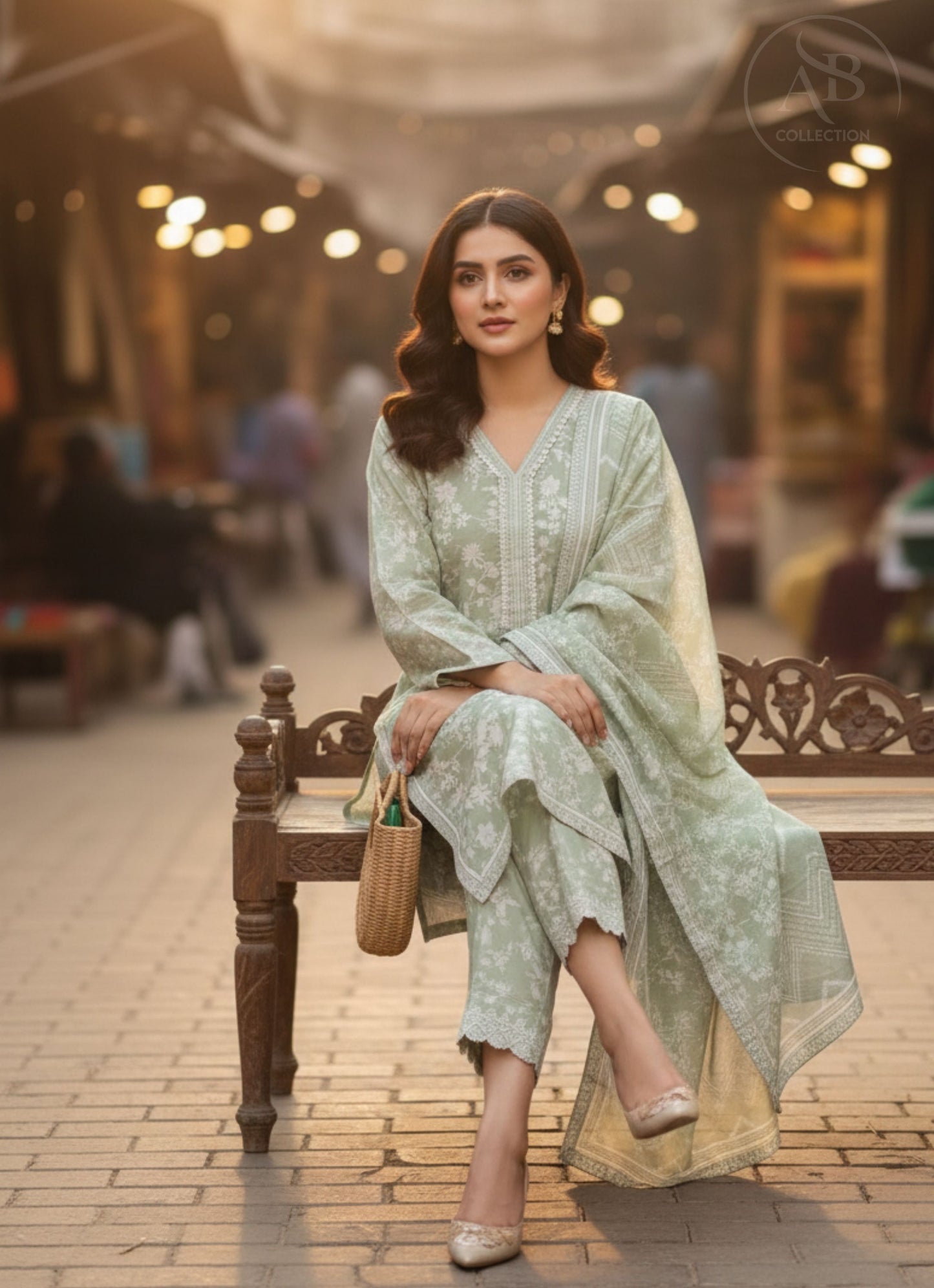 Sage Green Floral Whisper 3-Piece Khaddar Suit
