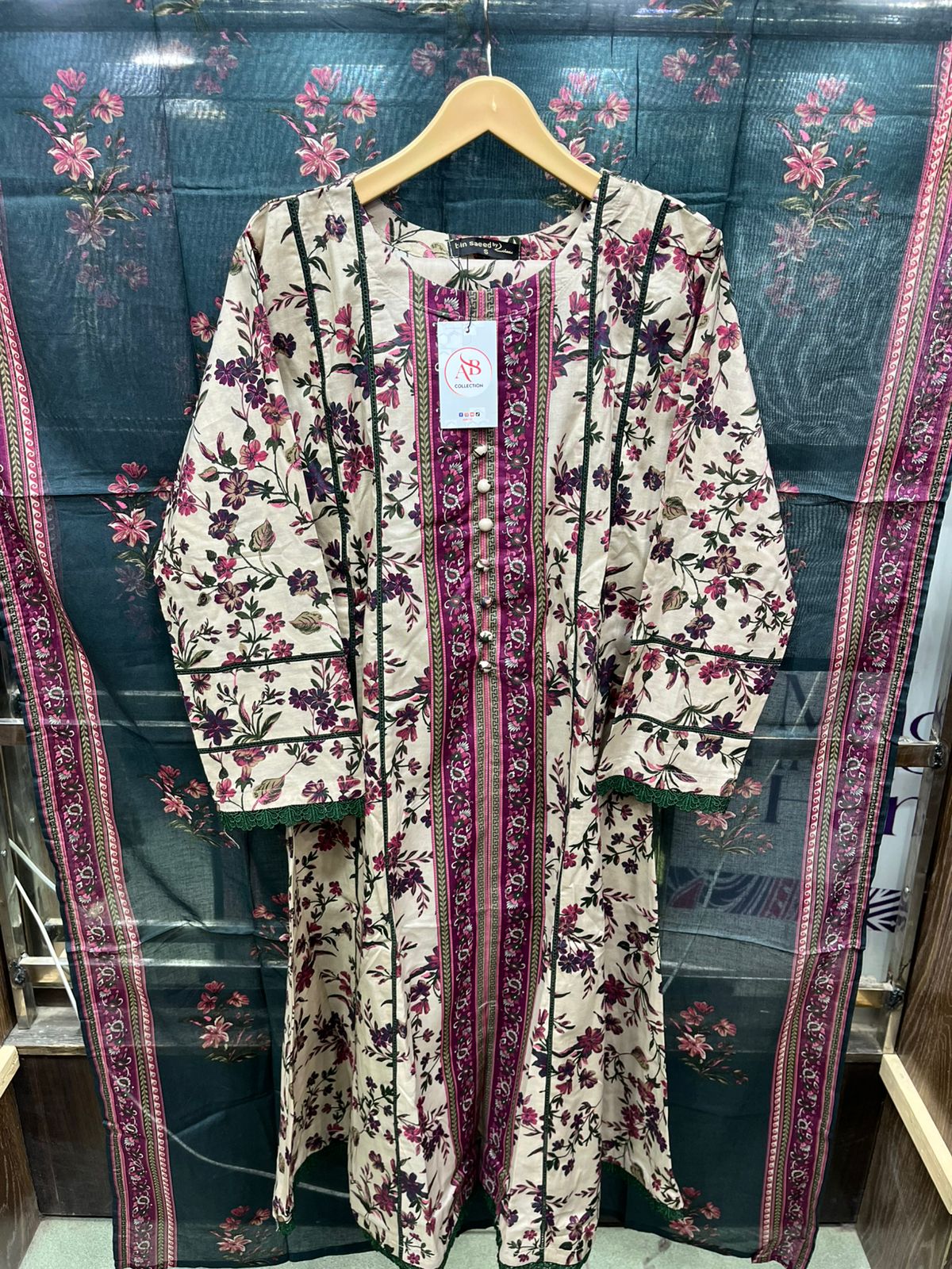 Bin Saeed Printed Lawn 3-Piece Long Frock – Deep Emerald & Magenta Edition