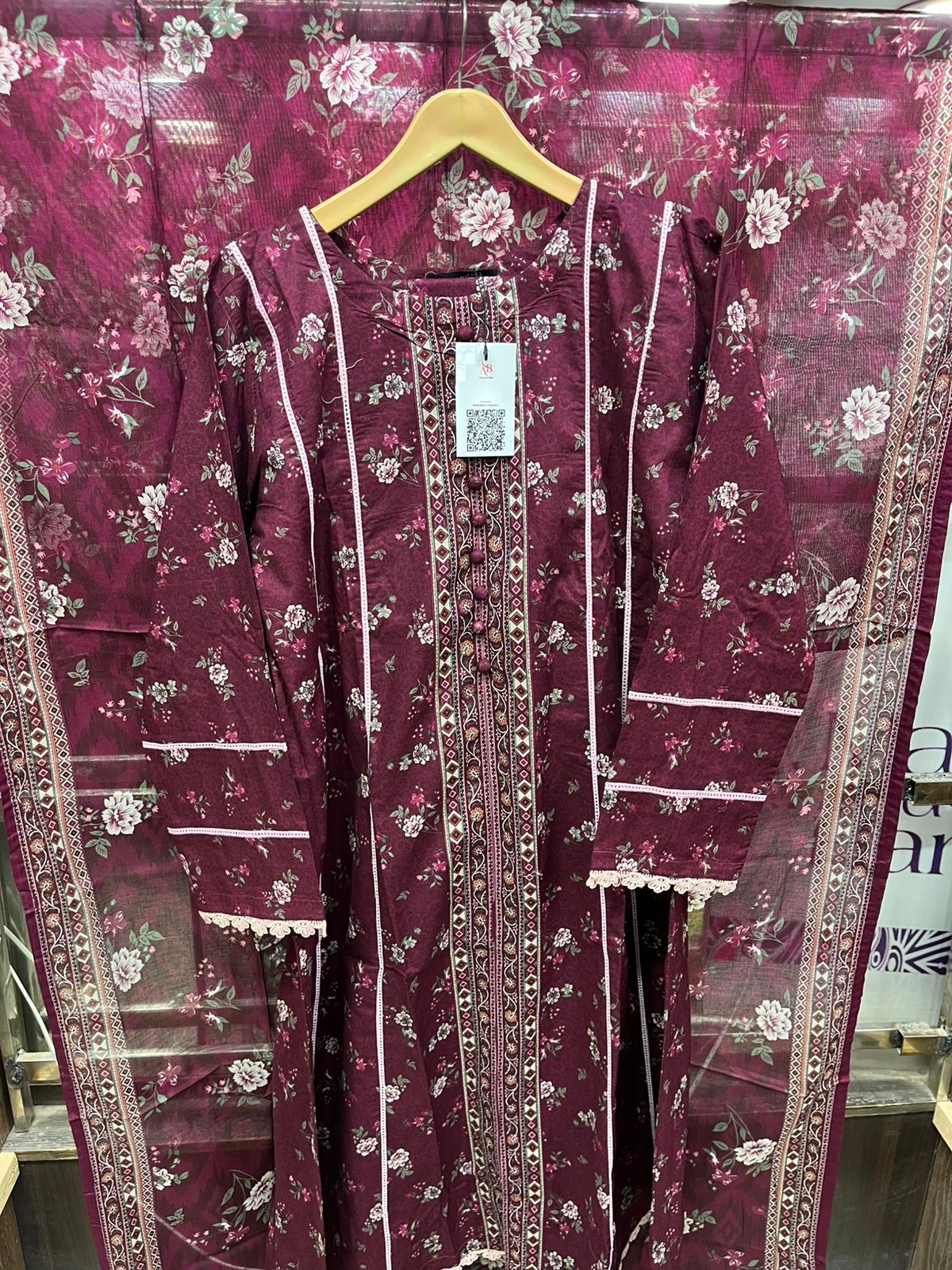 Plum & Rosewood Floral Lawn Frock with White Lace & Geometric Borders