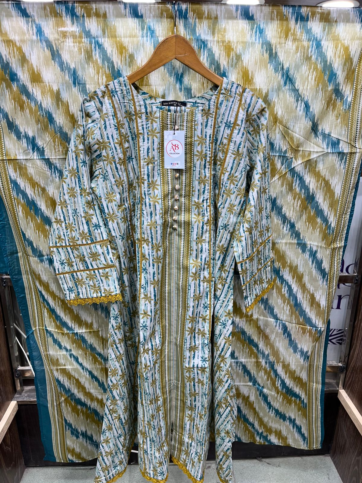 Floral & Abstract Stripe Lawn A-Line Frock with Mustard Lace Trim