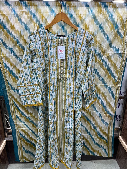 Floral & Abstract Stripe Lawn A-Line Frock with Mustard Lace Trim