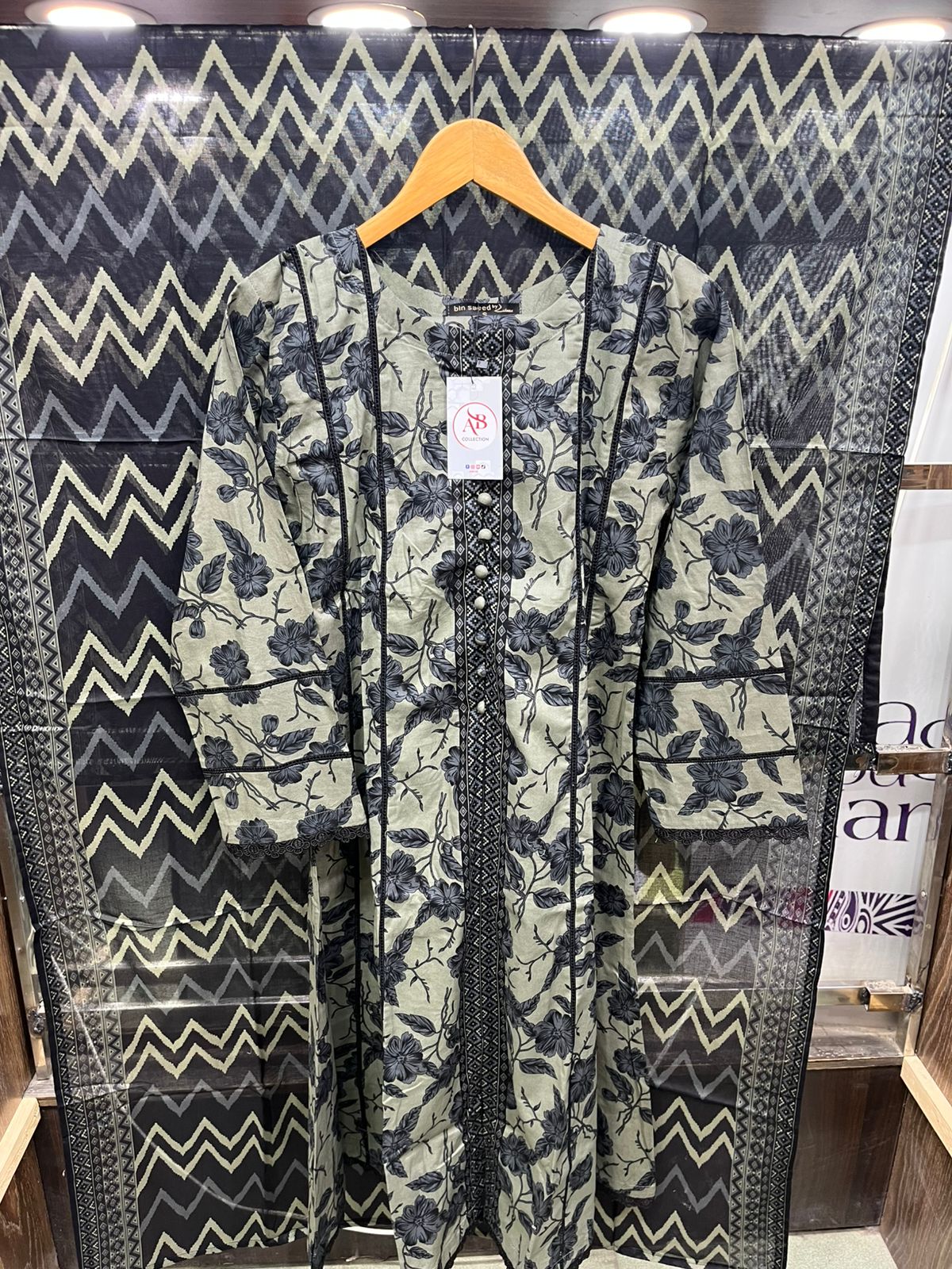 Charcoal & Sage Green Vintage Floral Lawn Frock with Black Lace Detailing