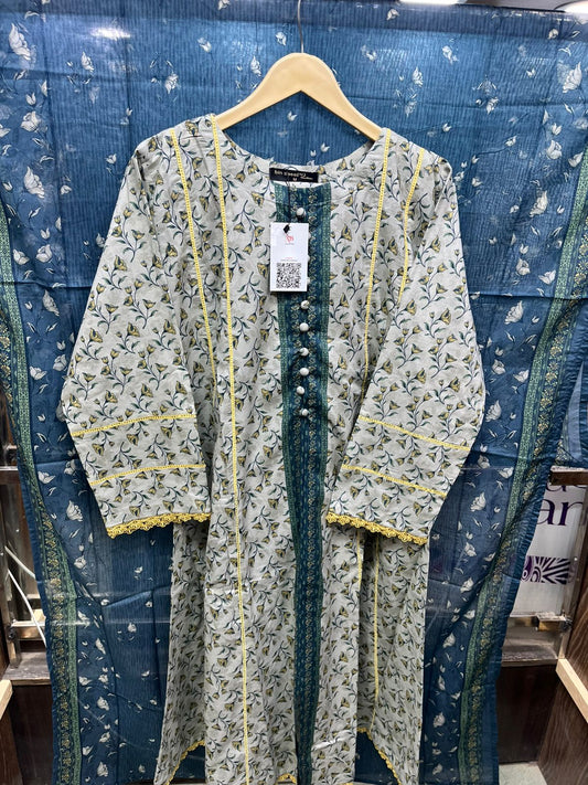 Stone Grey & Teal Meadow Print Lawn Frock with Canary Yellow Lace