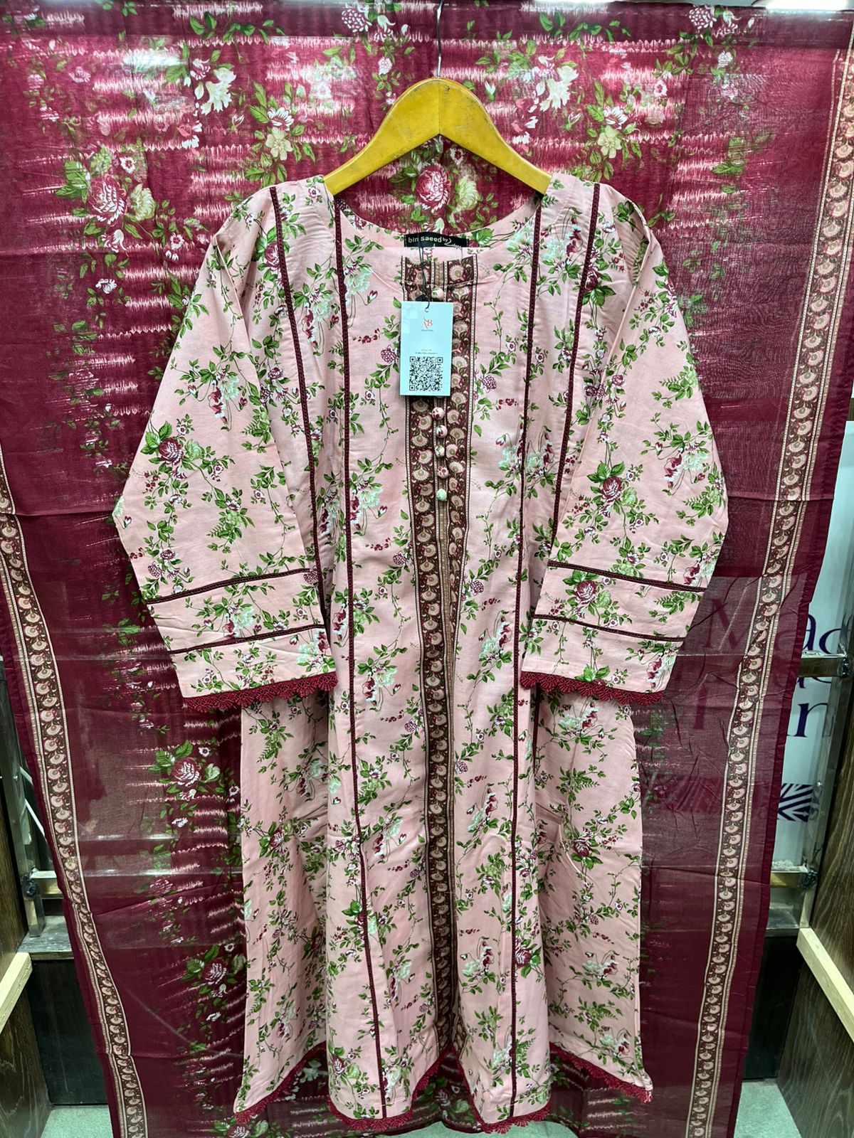 Blush Pink Meadow Floral Lawn Frock with Deep Maroon Lace & Panel Detailing