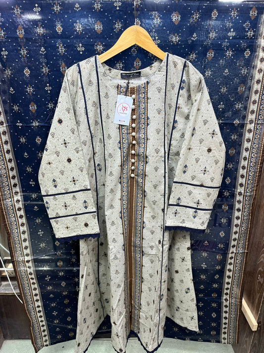 Ivory & Navy Blue Printed Lawn Frock