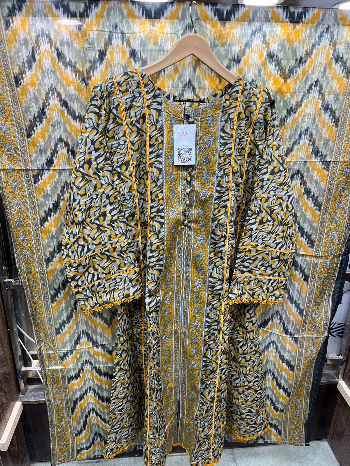 Mustard Gold & Charcoal Grey Ikat Print Lawn Frock – AB Collection A-Line Ready to Wear