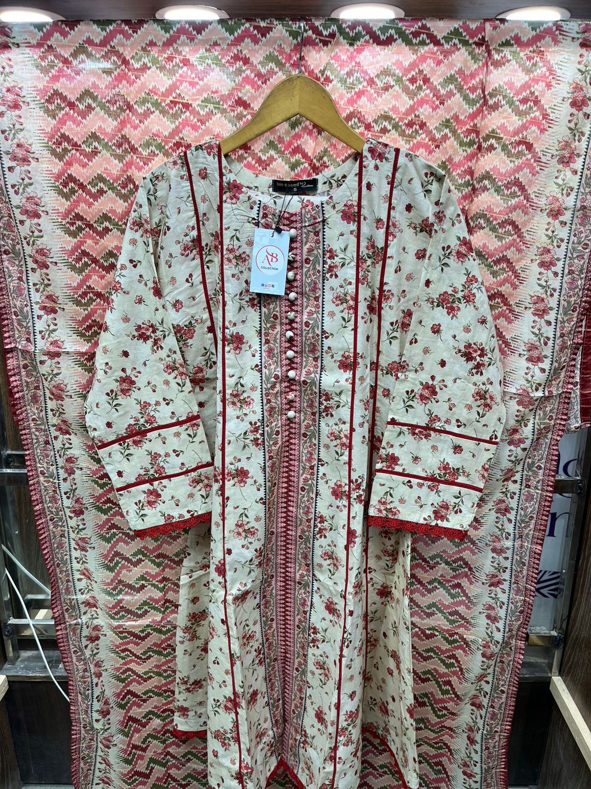 Cream & Rosewood Floral Lawn Frock with Deep Red Lace and Vertical Panel Detailing