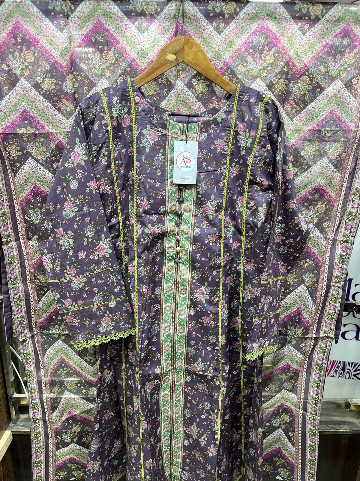 Royal Purple & Lime Green Meadow Floral Lawn Frock